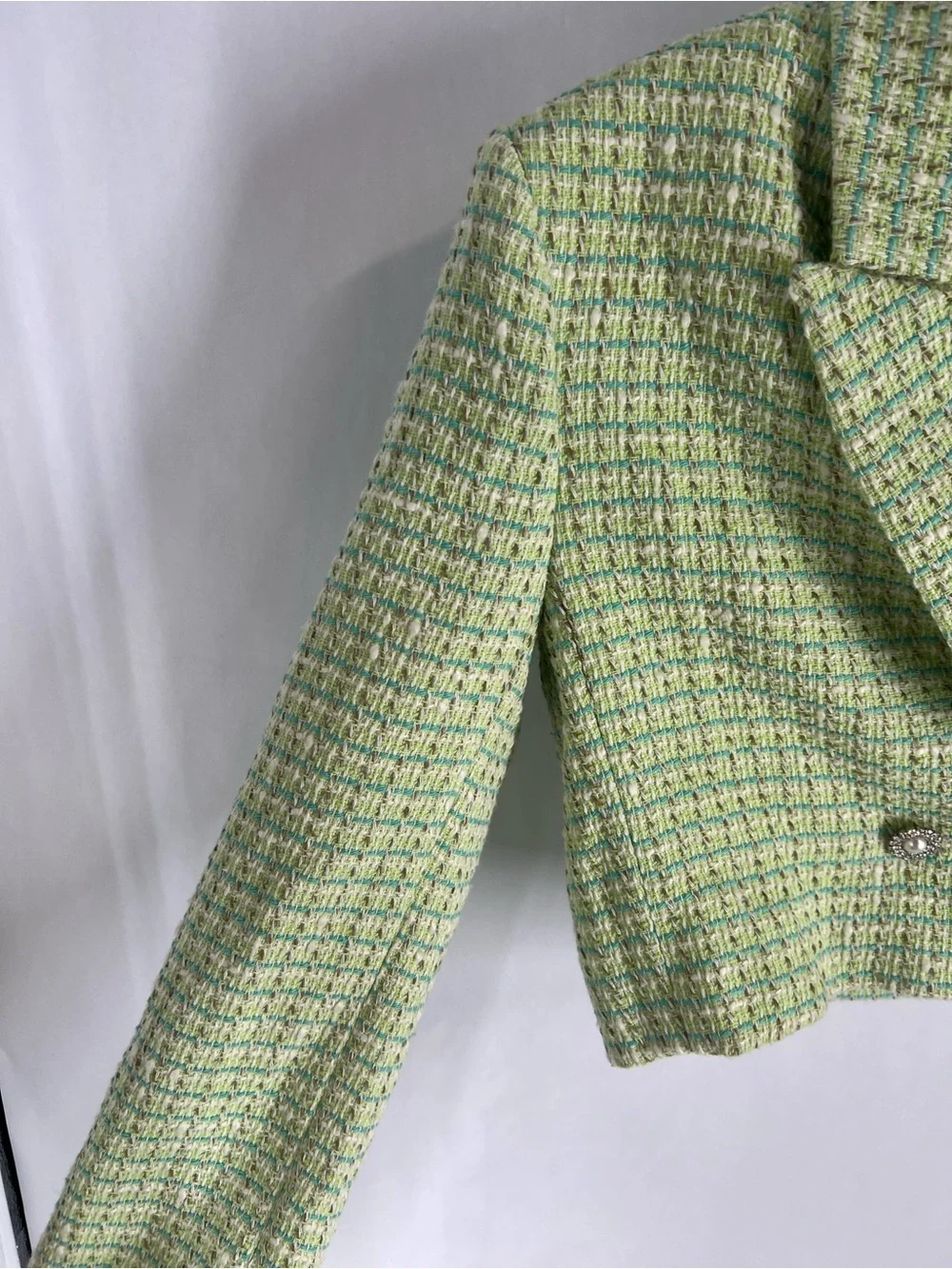 ZARA NWT Green Tweed Cropped Blazer Pearl Buttons Size XS
